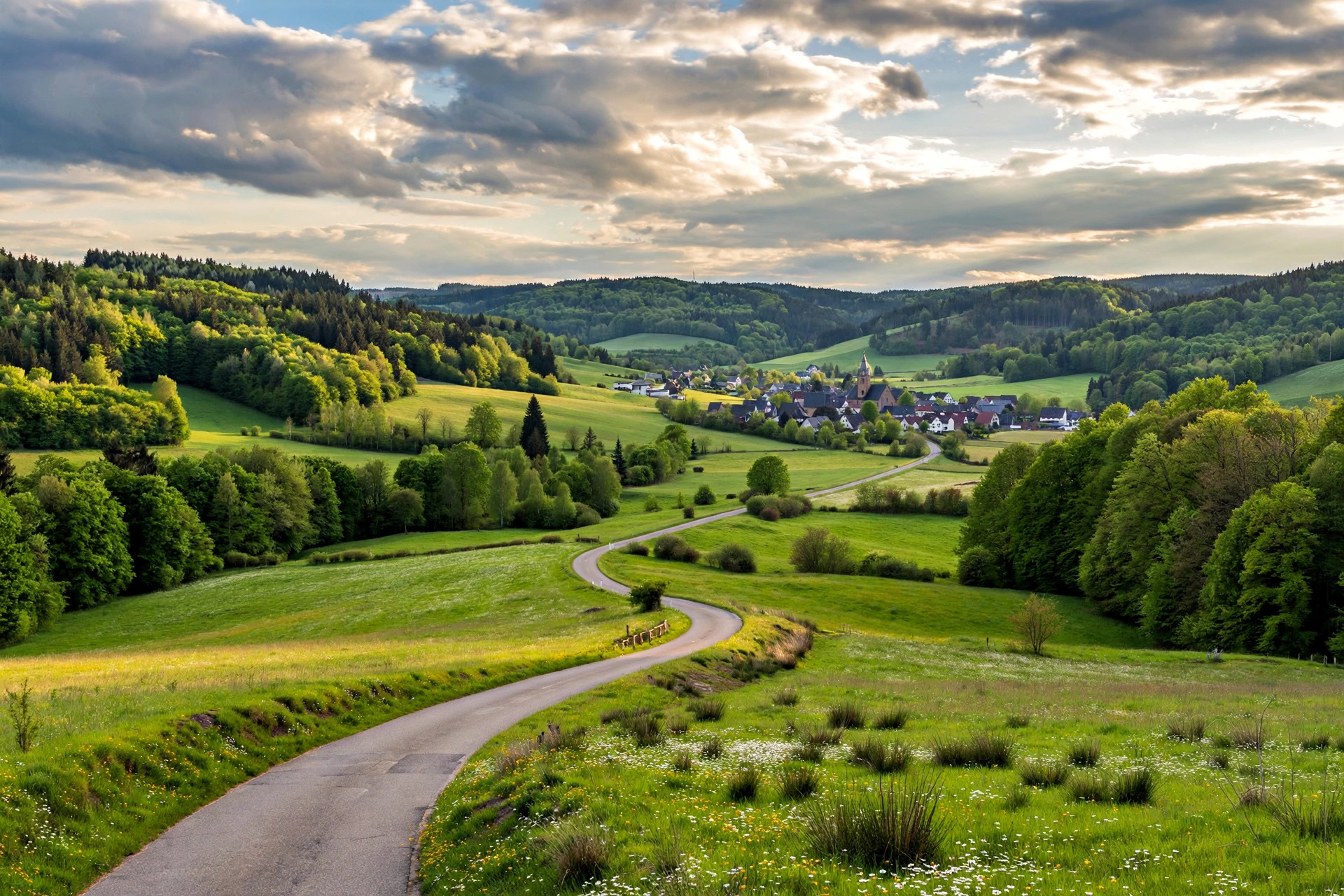 Green valley landscape near Wehnrath in the Oberbergisches Land, Germany