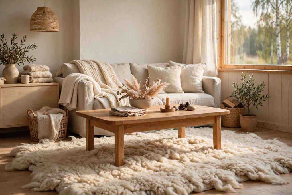 Cozy Scandinavian living room with a natural wool mat