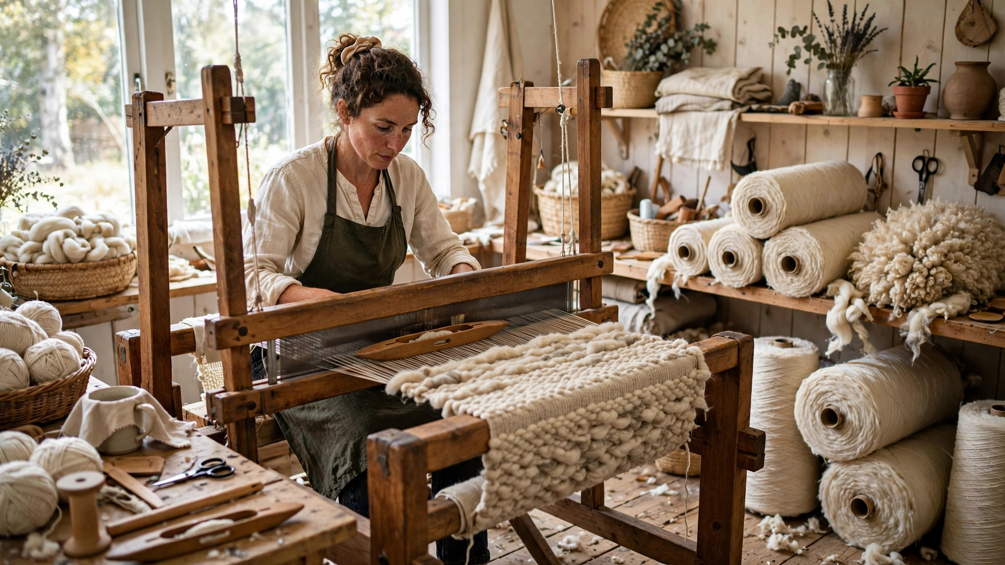 Artisan weaving a thick natural wool mat on a traditional wooden loom in a craft workshop
