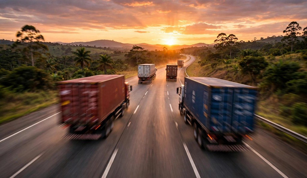 Cargo trucks on a Brazilian highway at dusk - Transjoaimo road freight guide
