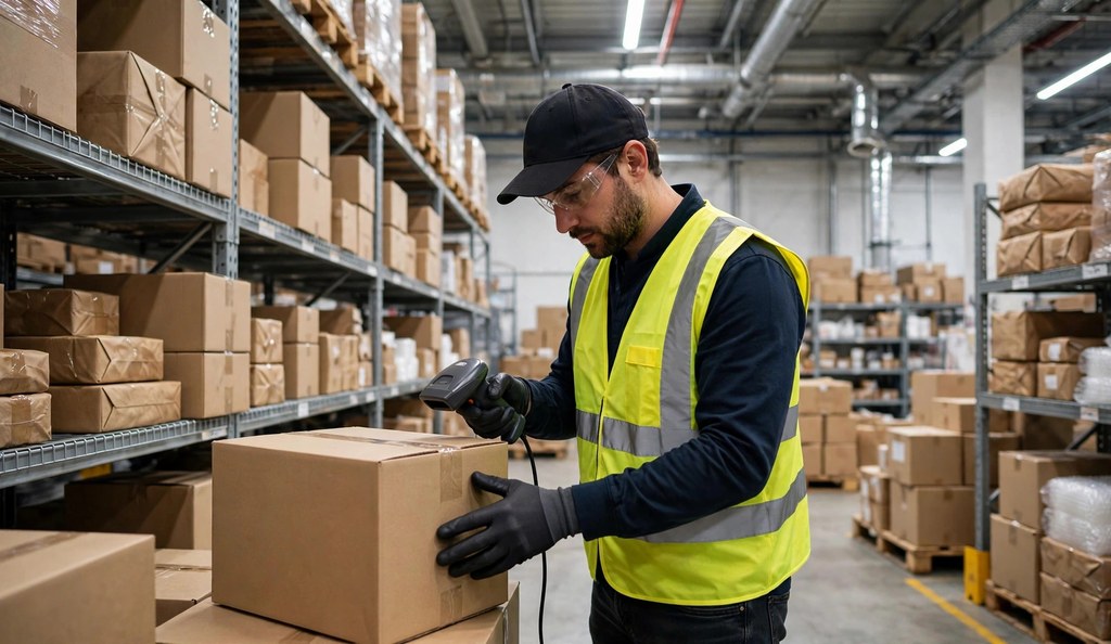 Warehouse worker scanning cargo boxes in a freight logistics warehouse