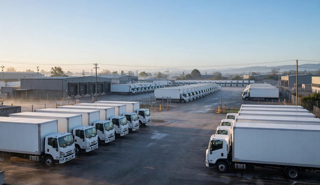 Fleet of cargo trucks parked at a logistics depot